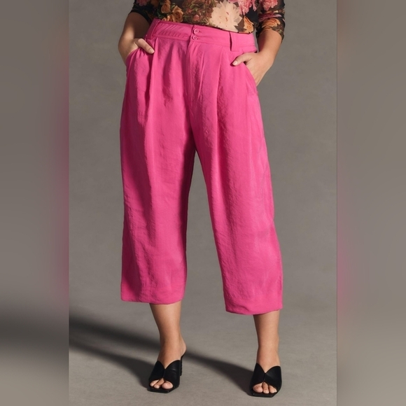 Anthropologie Classic Pleated High Waisted Cropped Wide Leg Trousers Hot Pink 4 - Picture 15 of 15